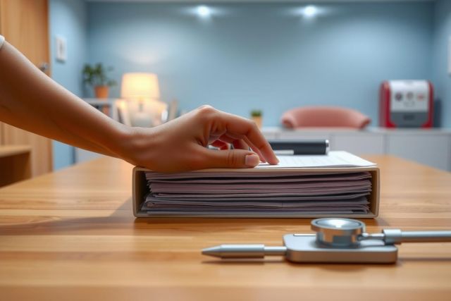 Close-up of a hand reaching for a file folder on a wooden desk, with medical equipment like a stethoscope nearby. The scene suggests a healthcare setting, featuring a blue wall and warm lighting.
