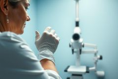 Dentist in a blue dental clinic adjusting a microscope. The healthcare professional wearing white gloves is focused on examination equipment, suggesting a close-up dental procedure. Modern medical setting, professional healthcare, dentistry, microscope, examination.