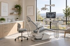 Modern dental operatory with chair, instruments, panoramic X‑ray on monitor, bright window view.