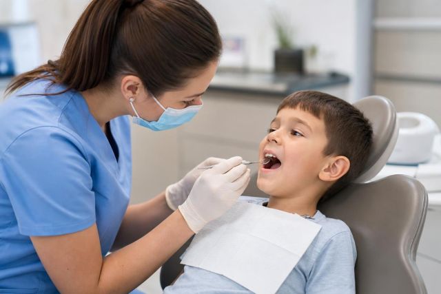 Pediatric dentist examining a young boy's teeth in a calm dental clinic setting.