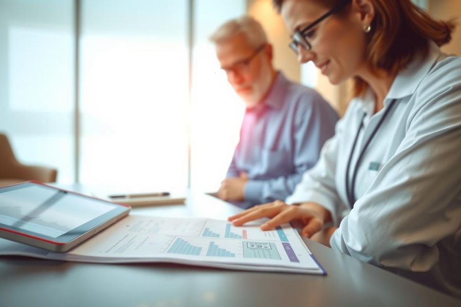 Business professionals reviewing documents and charts during a meeting. A woman points at a graph, while a man observes. The scene takes place in a modern office environment with natural light.