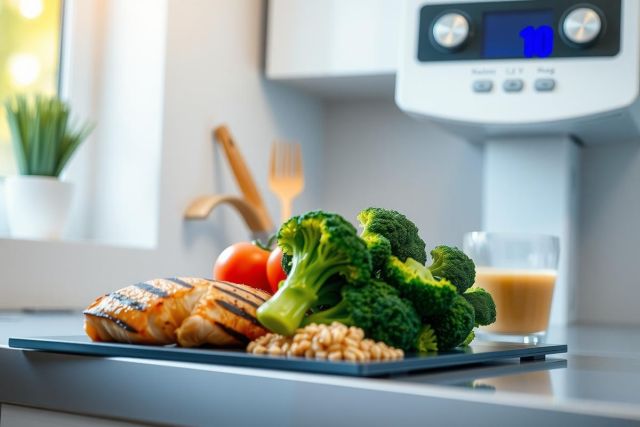 Healthy meal prep featuring grilled chicken, broccoli, and lentils on a plate. Bright, natural lighting highlights the fresh ingredients and clean kitchen setting. A great example of a balanced diet.