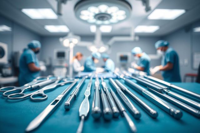 Surgical instruments arranged on a blue operating table in a blurred operating room setting. Medical professionals in scrubs and masks are visible in the background performing a procedure. The scene evokes a sterile, clinical environment with bright overhead lighting, focusing on surgical tools and healthcare.