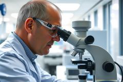 Scientist in a lab coat and glasses examines a microscope slide. Focus is on the microscope, showcasing scientific research, biology, or medical analysis in a clean, bright laboratory setting.