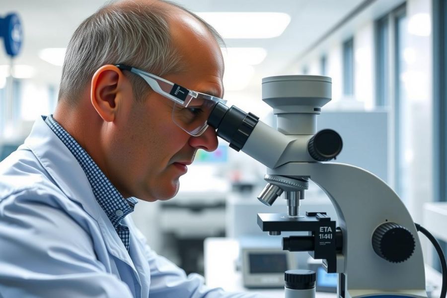 Scientist in a lab coat and glasses examines a microscope slide. Focus is on the microscope, showcasing scientific research, biology, or medical analysis in a clean, bright laboratory setting.