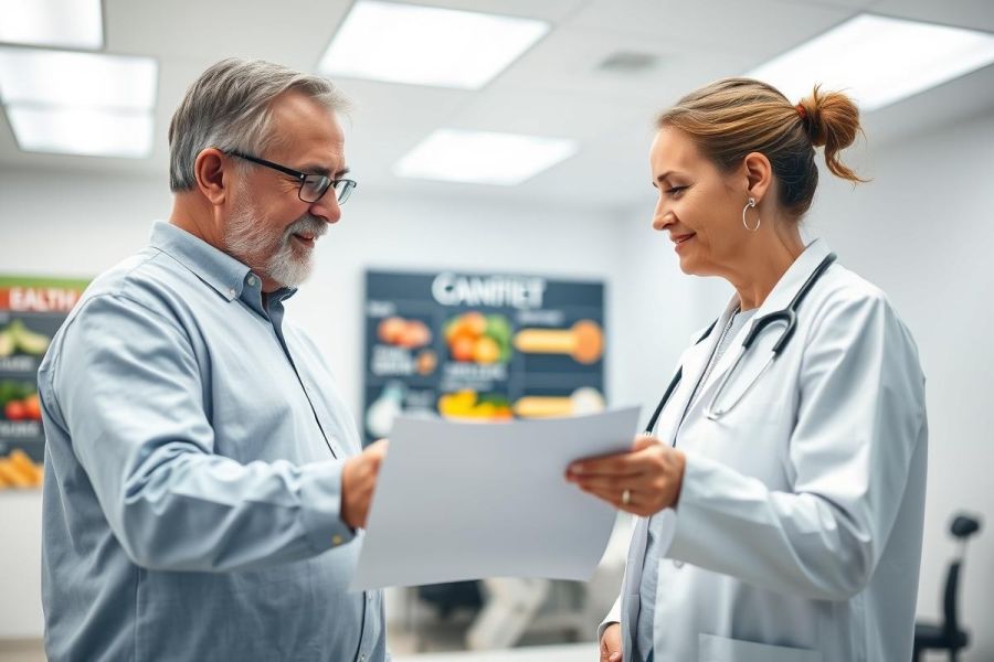 Doctor and patient discussing medical records in a bright, modern clinic. A senior man with glasses consults with a female doctor wearing a stethoscope. Focus on healthcare, consultation, and well-being in a professional setting. Blue and white tones dominate the scene.