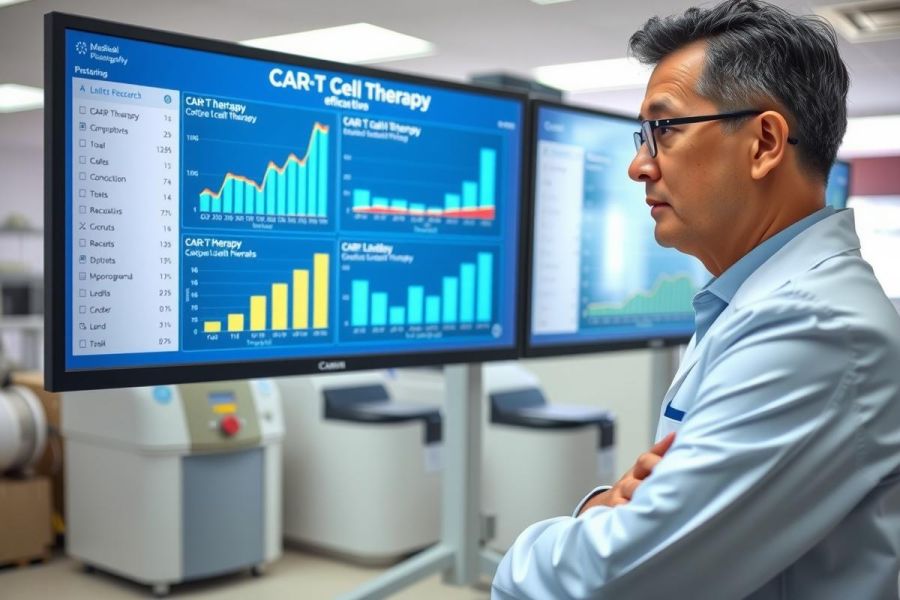 Scientist in lab coat examines data on monitors, likely related to cell therapy research. Modern lab environment with equipment visible. Focus on innovation and medical advancements.