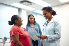 Doctor reviewing patient records in a clinic setting. Healthcare professional and patient interaction. Medical examination and consultation. Bright, clean environment. White coat and patient in casual attire.