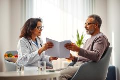 Doctor and patient consultation. A female doctor in a white coat hands a document to a male patient in a bright, modern office setting. Focus on healthcare, medical consultation, and patient care. Warm, neutral tones dominate the scene.