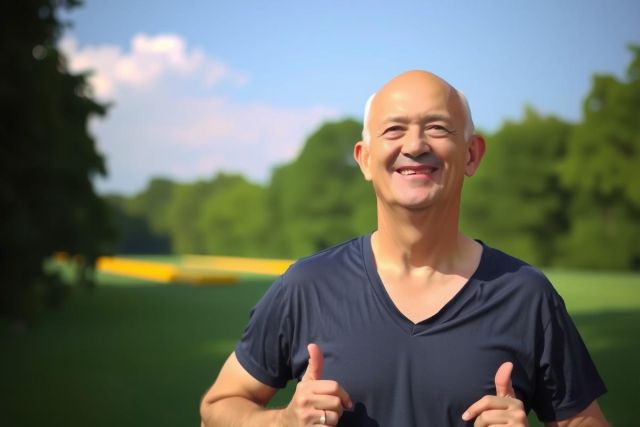 Man with short hair wearing a dark shirt standing outside in sunlight, smiling and looking directly at the camera. A lush green field with trees can be seen behind him.