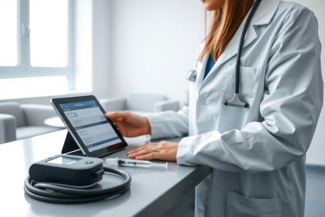 Healthcare professional in a white coat uses a tablet at a desk with medical equipment. The scene conveys a modern medical setting with a focus on technology and patient care.