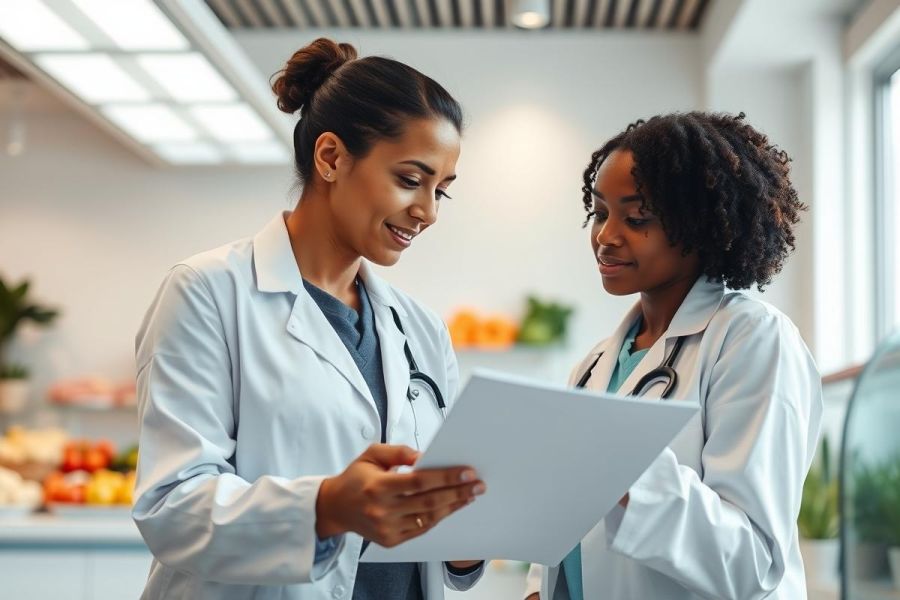 Two female doctors in white coats review a tablet in a bright, modern healthcare setting. The image conveys teamwork, medical consultation, and digital healthcare technology. Focus is on patient care and collaboration within a clinic or hospital environment. Colors are predominantly white, green, and red.