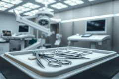 Surgical instruments laid out on a sterile tray in an operating room. Focus on precision and medical equipment. Clinical setting, bright lighting, metallic tools.