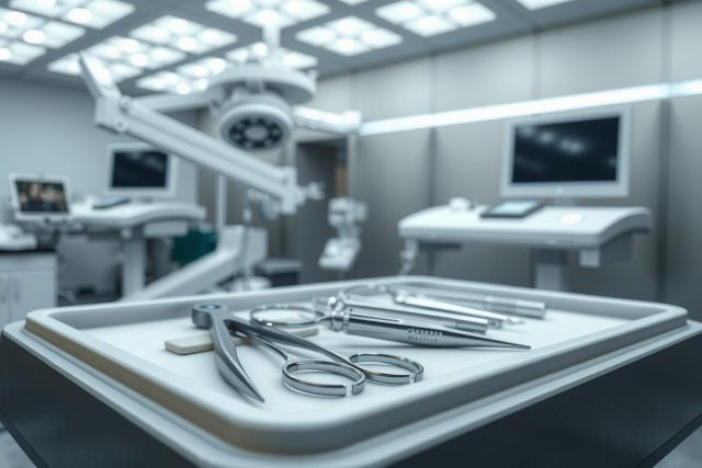 Surgical instruments laid out on a sterile tray in an operating room. Focus on precision and medical equipment. Clinical setting, bright lighting, metallic tools.