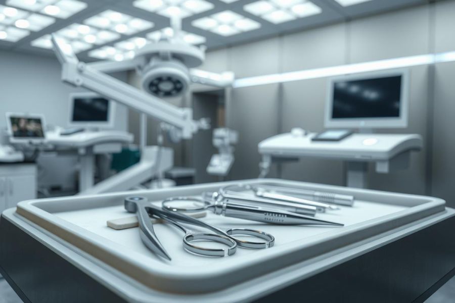 Surgical instruments laid out on a sterile tray in an operating room. Focus on precision and medical equipment. Clinical setting, bright lighting, metallic tools.