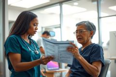 Healthcare professional discusses paperwork with a patient in a modern clinic setting. Image shows a doctor and patient, emphasizing medical consultation and a professional environment.