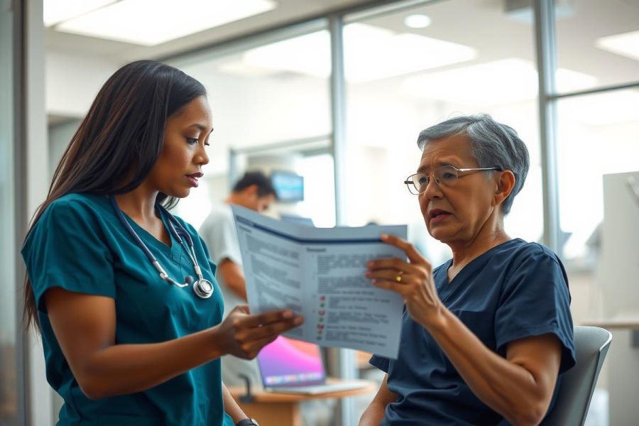 Healthcare professional discusses paperwork with a patient in a modern clinic setting. Image shows a doctor and patient, emphasizing medical consultation and a professional environment.