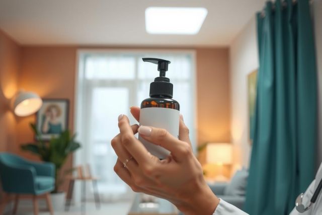 Close-up of a hand holding a brown glass bottle with a white pump dispenser, likely containing skincare or cosmetic product. The background features a modern interior with green accents and natural light.