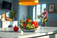 Fresh salad with tomatoes and cucumbers in a white bowl on a kitchen counter. A person cycles in the background, suggesting a healthy lifestyle. Bright, natural light and a clean, modern kitchen setting.