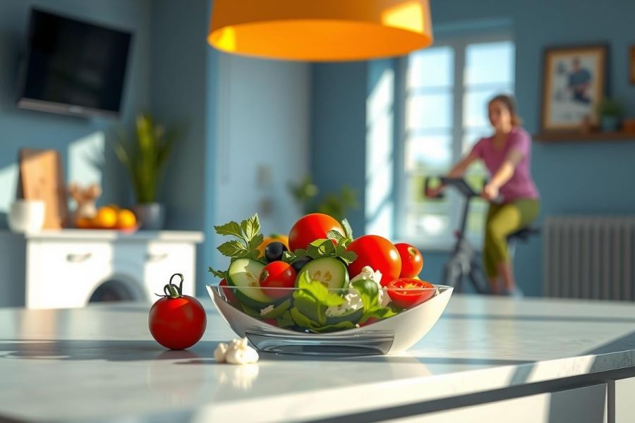 Fresh salad with tomatoes and cucumbers in a white bowl on a kitchen counter. A person cycles in the background, suggesting a healthy lifestyle. Bright, natural light and a clean, modern kitchen setting.
