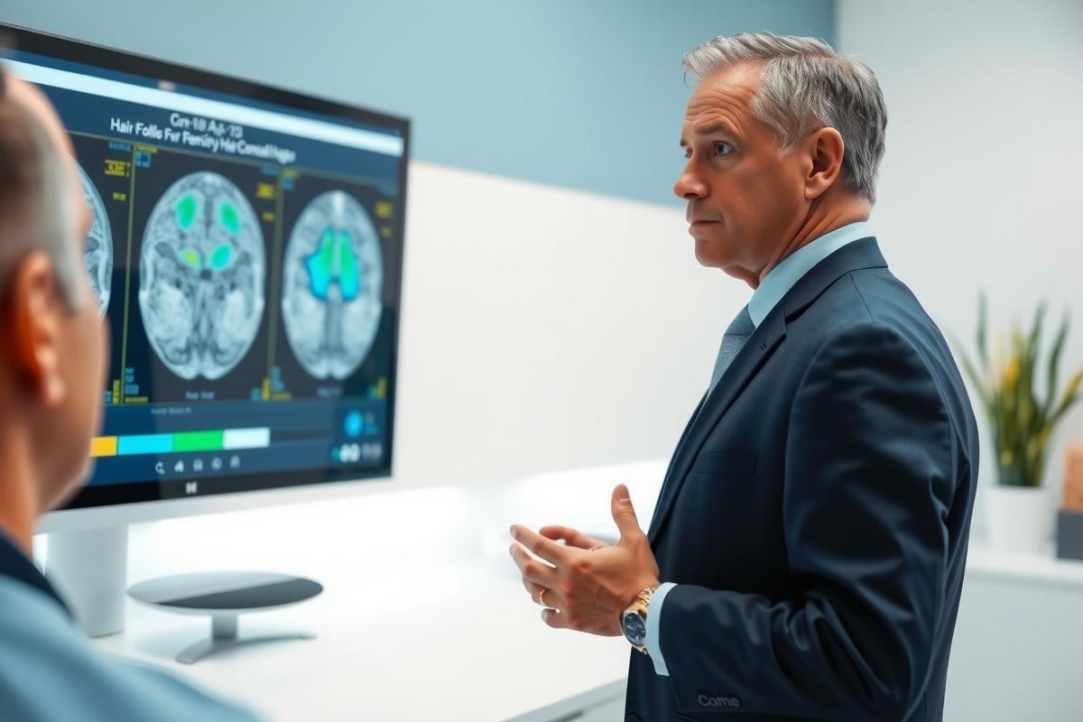 Doctor presenting brain MRI scans during a medical consultation. Diagnostic imaging, healthcare professional, neurological examination, digital display, modern office setting.