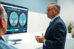 Doctor presenting brain MRI scans during a medical consultation. Diagnostic imaging, healthcare professional, neurological examination, digital display, modern office setting.