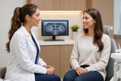 Dentist consulting with a patient in a modern clinic, dental X-ray visible on monitor.