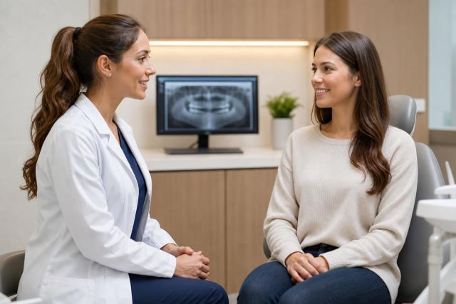 Dentist consulting with a patient in a modern clinic, dental X-ray visible on monitor.