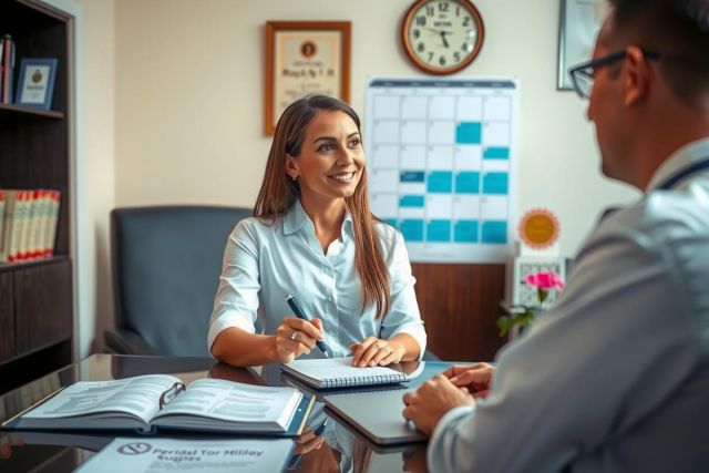 The image depicts an office environment where two professionals are chatting. The woman sits behind a desk holding books and papers. She smiles as she interacts with the man standing next to her. The man appears to be wearing a formal office suit. On the wall, there is a clock and a calendar. The overall ambiance suggests a professional work environment.