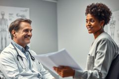 Doctor and nurse discussing patient records in a medical office. Warm lighting highlights the professional consultation scene. Healthcare professionals, medical examination, and clinical setting are key elements.