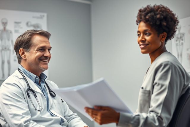 Doctor and nurse discussing patient records in a medical office. Warm lighting highlights the professional consultation scene. Healthcare professionals, medical examination, and clinical setting are key elements.