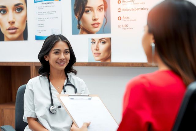 This image depicts a medical consultation setting. There is a female doctor, wearing white medical attire including a stethoscope, sitting in front of a patient who appears to be seated on the other side of a desk. They are both looking at each other, suggesting an interaction during a medical examination or appointment.