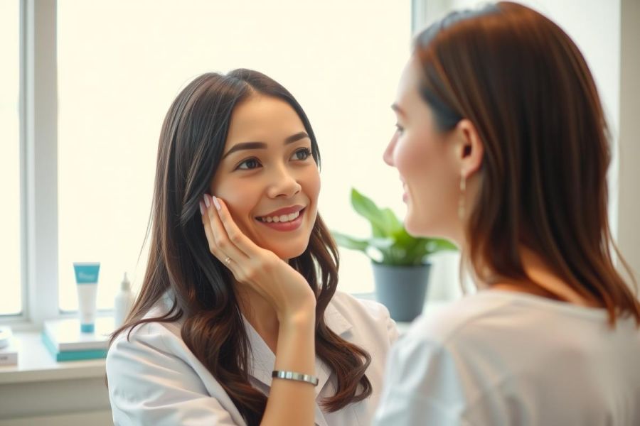 A smiling woman in a white coat stands near a window with skincare products visible. The scene suggests a medical or beauty setting, with natural light and a focus on wellness.