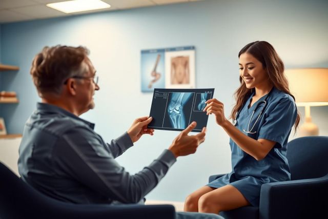 Doctor discusses X-ray results with patient. Medical professional in scrubs shows diagnostic image in a healthcare setting. Blue tones and natural light create a comforting atmosphere. Diagnostic imaging, patient care, doctor-patient communication.