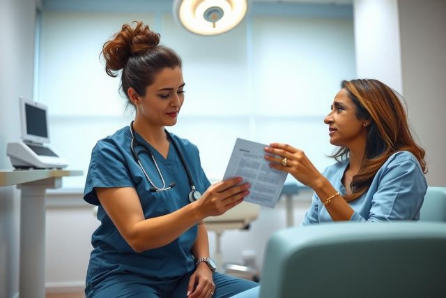 Healthcare professional examines patient records in a modern clinic setting. Blue scrubs, medical chart, patient consultation, and bright, clean environment.