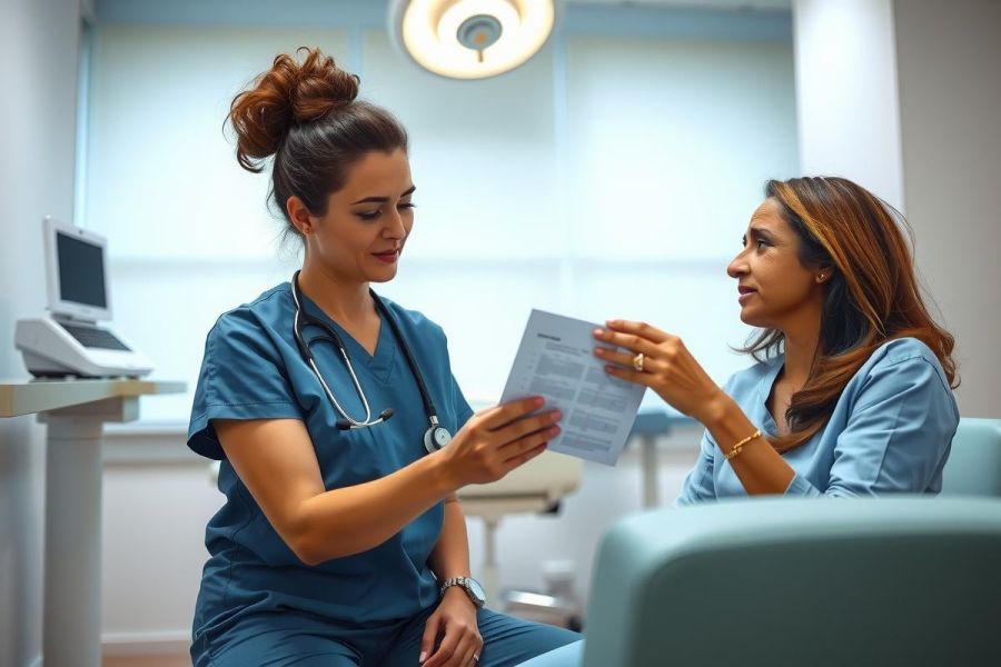 Healthcare professional examines patient records in a modern clinic setting. Blue scrubs, medical chart, patient consultation, and bright, clean environment.
