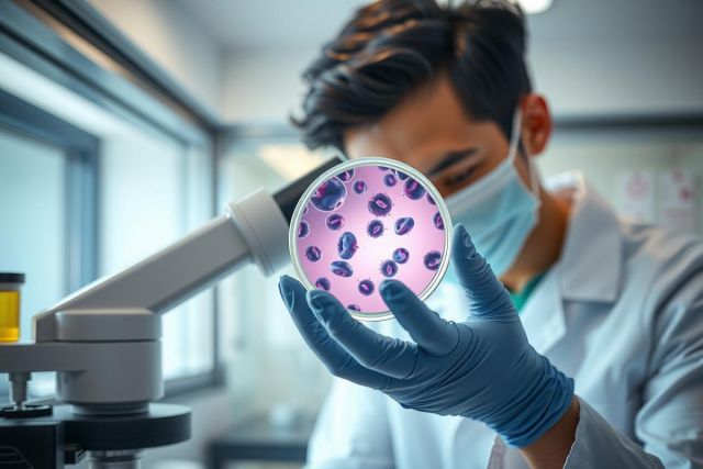 Lab technician in gloves and mask examines a petri dish with bacterial growth. Scientific research, microbiology, and lab environment are visible. Blue and pink hues dominate the image.