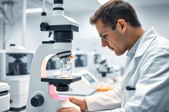 Scientist in a modern laboratory examining a sample under a microscope. The image features a clean, white environment with multiple lab instruments and a focus on scientific research and analysis. A man wearing glasses and a lab coat is the primary subject.