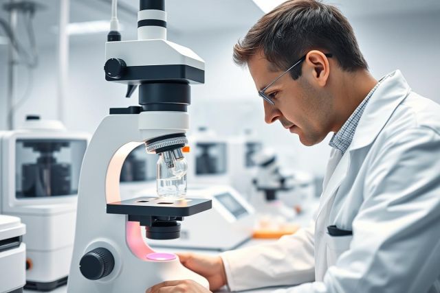 Scientist in a modern laboratory examining a sample under a microscope. The image features a clean, white environment with multiple lab instruments and a focus on scientific research and analysis. A man wearing glasses and a lab coat is the primary subject.