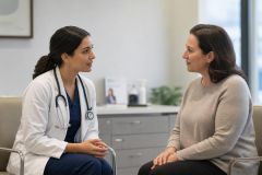 Doctor and patient engaged in calm consultation in a clinical office discussing treatment and records.