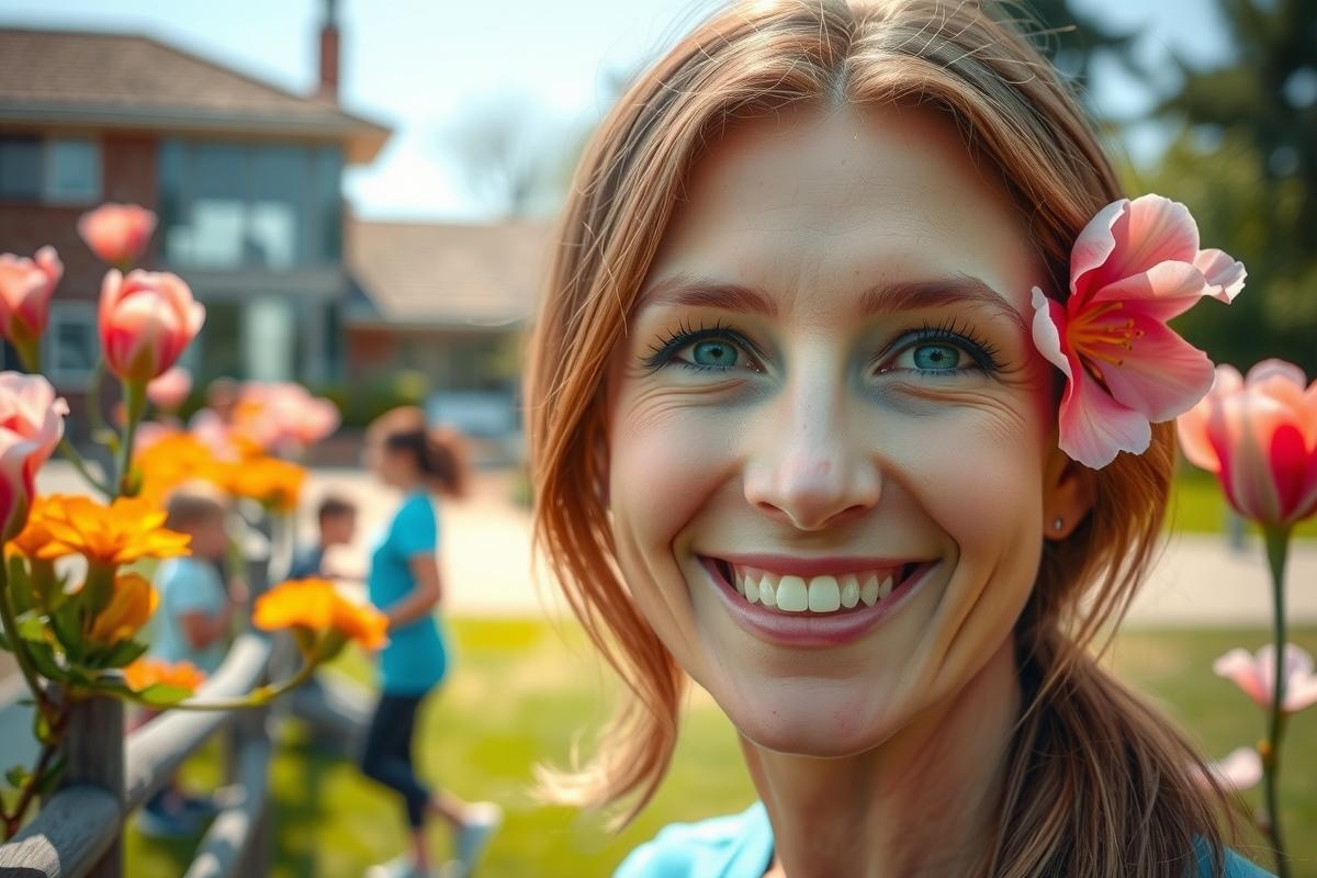 The image shows a smiling woman with her face in the frame, featuring pink flowers that appear to be peach blossoms. She is outdoors, likely in a garden or park setting.