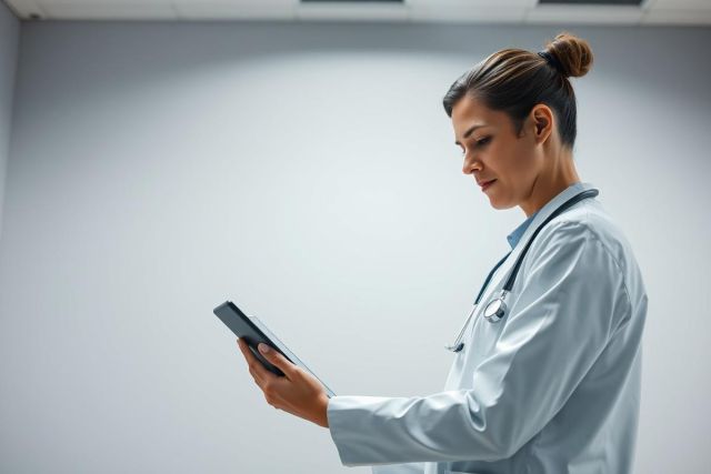 A female doctor in a light blue medical coat and stethoscope examines a tablet in a modern, minimalist hospital setting. The image features a clean, bright environment with neutral gray walls, highlighting healthcare technology and professional medical care.
