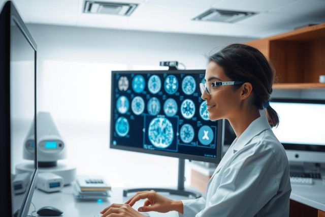 Female radiologist or doctor analyzes MRI scans on a computer in a lab setting. Medical professional in white coat, focused on diagnostic imaging. Healthcare technology, medical research, and patient care.