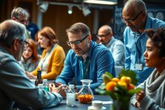 In a professional setting, a group of people gather around a table to discuss business. Men wear dress shirts, while women wear smart business attire. The atmosphere is businesslike and collaborative.