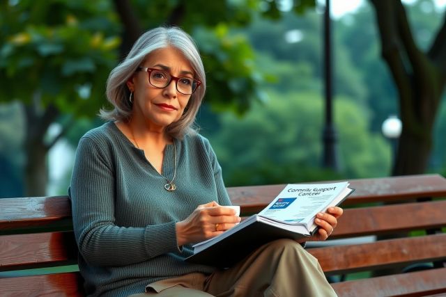 In the image, a woman is seated on a wooden bench in what appears to be an outdoor setting. The woman has gray hair and is wearing glasses. Her posture suggests she is focused on her task. The background includes trees and lush greenery, indicating that this scene might take place in a park or garden.