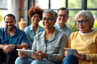 The image portrays a professional and diverse group of individuals gathered in a modern, well-lit office setting. They appear engaged and focused on their work, with some using tablet devices.