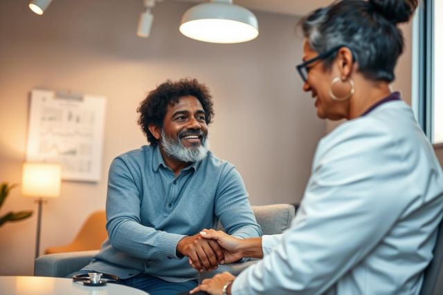 A warm, inviting image depicting a healthcare consultation. A smiling man with graying hair sits across from a woman, likely a doctor or therapist, in a modern, light-filled office. 
