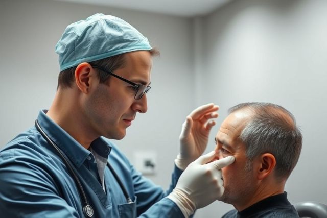 A surgeon wearing a surgical cap and gloves examines a patient's nose in a clinical setting. The image focuses on facial assessment, likely related to cosmetic surgery or rhinoplasty. Cool blue and grey tones dominate the scene.