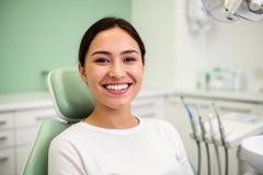 Young patient smiling in a dental chair, showing bright even teeth that suggest cosmetic dentistry results.