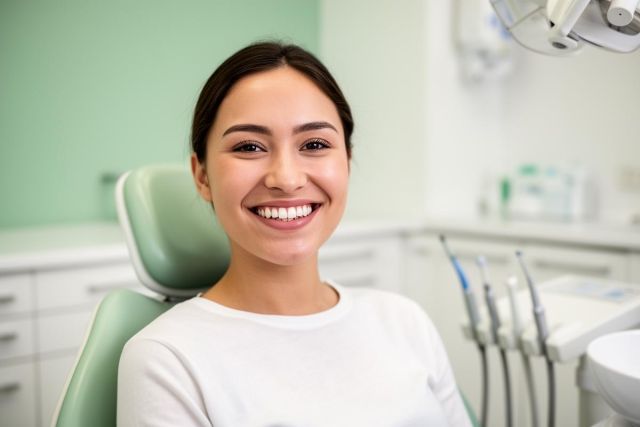 Young patient smiling in a dental chair, showing bright even teeth that suggest cosmetic dentistry results.